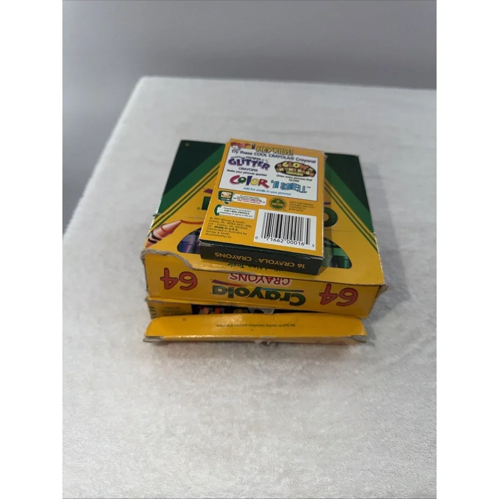 Vtg CRAYOLA 64 BOX Crayons LOT OF 2 Sharpener Retired Colors MOSTLY UNUSED Extra